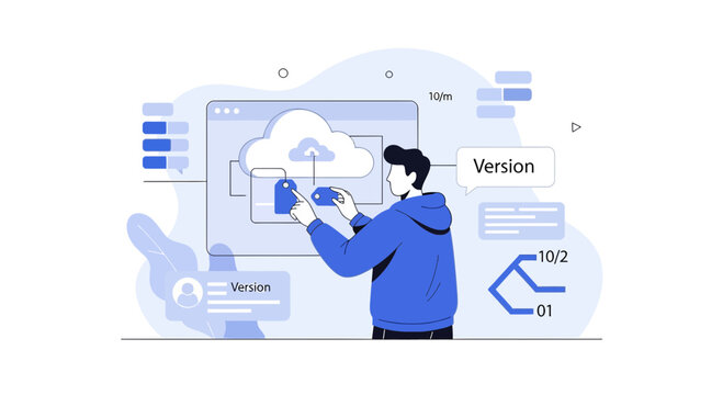Person managing cloud data versions, digital workflow, technology concept