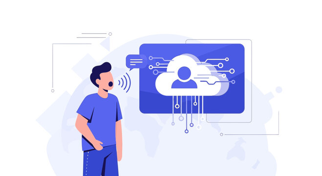 Person speaking to cloud data, ai assistant, voice command concept