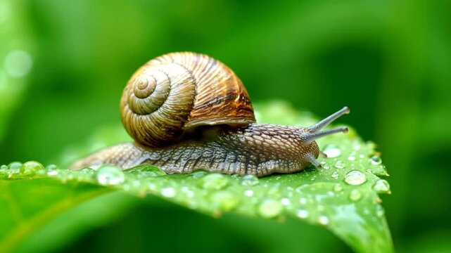 Close-up of a snail with a spiral shell crawling across a wet, green leaf in a natural setting.