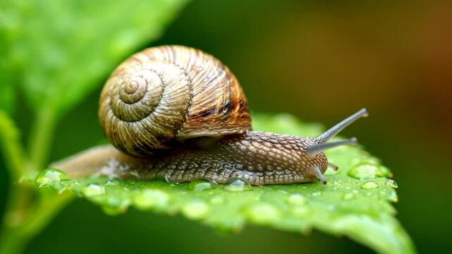 Close-up of a snail with a spiral shell crawling slowly on a wet green leaf, peaceful nature scene