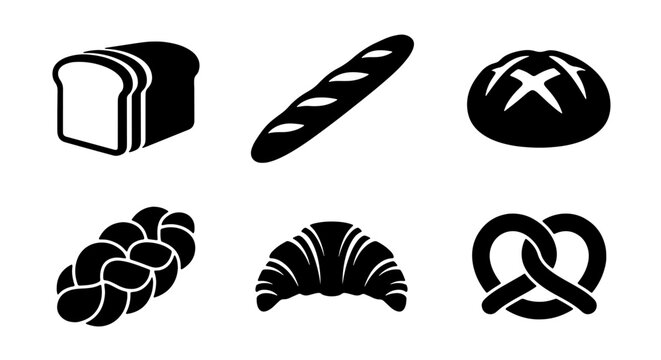 Bakery Icons Set: Sliced Bread, Baguette, Round Loaf, Challah, Croissant, Pretzel Vector Graphics for Food Businesses