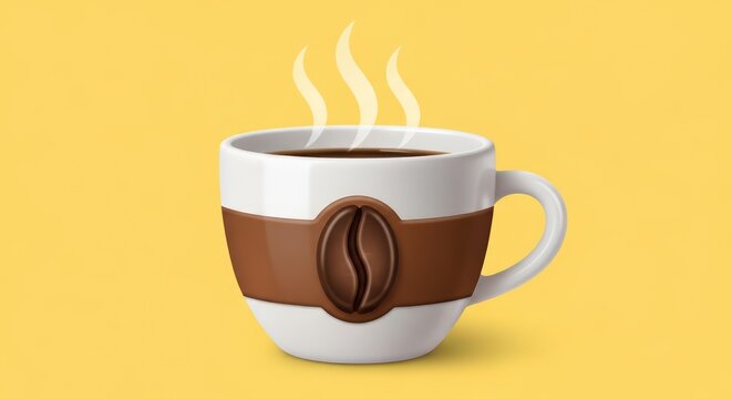 Steaming hot coffee cup with logo.