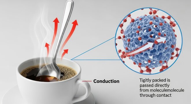 Steaming Hot Coffee Cup with Spoon and Caffeine Molecule Dissolution View.