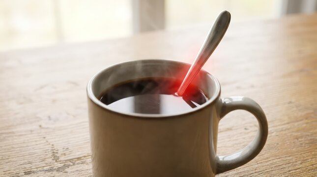 Steaming Hot Cup of Coffee with Spoon on Wooden Table.