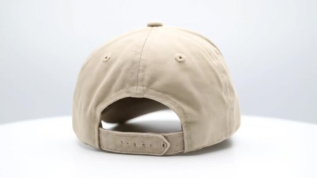 Adjustable casual beige baseball cap, back view, showcasing the strap closure and plain fabric texture