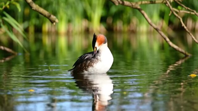 Great crested grebe preening in clear pond water during a sunny day with natural background vegetation.