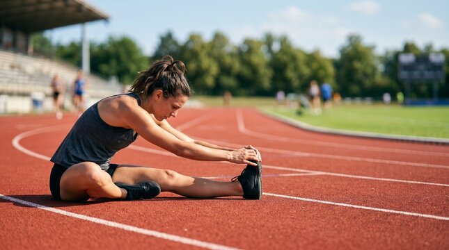 Young woman stretching legs on a red athletics track at stadium outdoors