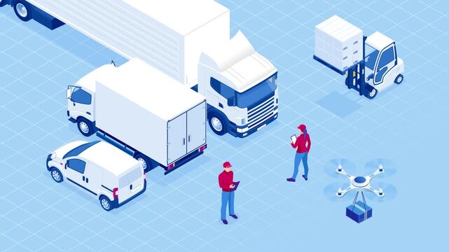 Isometric Checking delivery and ligistics service app on computer. Delivery truck with cardboard box and delivery man. Infographics. HD Video.