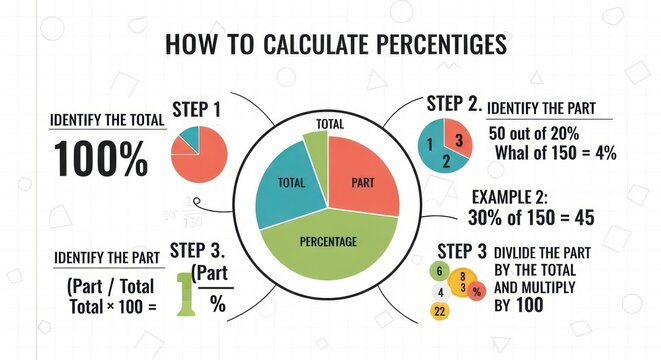 Step by Step Guide to Calculating Percentages with Pie Chart Infographic.
