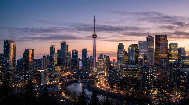 Toronto city skyline at sunset with cn tower and urban buildings