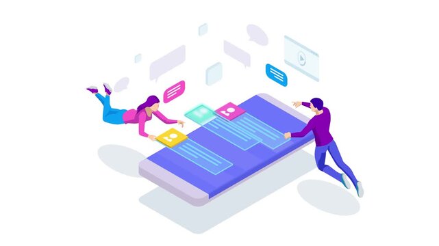 Ismetric man and woman communicate in social networks on a smartphone. Mobile phone chat message notifications. Application for communication and dating. HD Video.