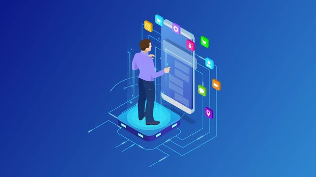 Isometric programmer working in a software develop company office. Developing programming and coding technologies concept. UX UI User Interface and User eXperience Process HD Video.