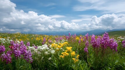 Obraz premium A vibrant expanse of colorful wildflowers fills a wide meadow beneath a dramatic blue sky and distant hills