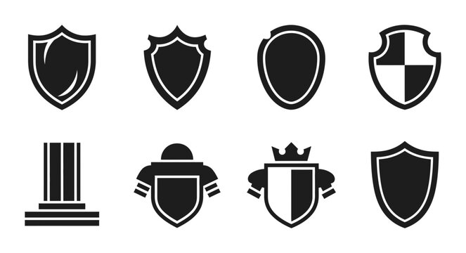 Set of 8 Black Shield Icons, Heraldic Emblems, Security Badges, and Protective Crests for Graphic Design and Branding