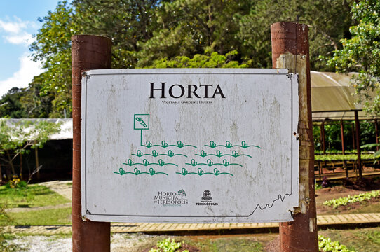 TERESOPOLIS, RIO DE JANEIRO, BRAZIL - October 25, 2022: Vegetable garden sign at Municipal Garden Carlos Guinle (Horto Municipal Carlos Guinle)