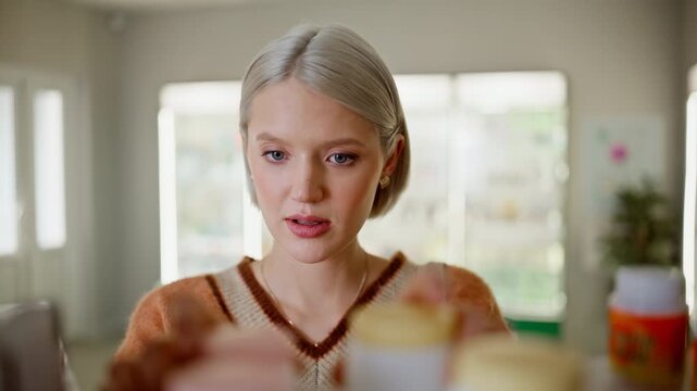 Apothecary visitor studying medication deciding in bright drugstore closeup