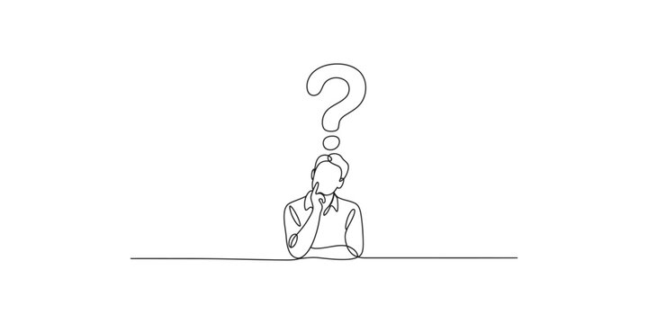 Continuous line drawing of a man with a question mark thinking face expression isolated on white background