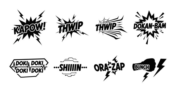 Comic Book Sound Effects Vector Set: Action, Impact, and Onomatopoeia Graphics for Explosive Visual Storytelling, 8 Elements