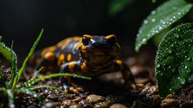 Close-up of a fire salamander on the forest floor with water droplets on surrounding leaves