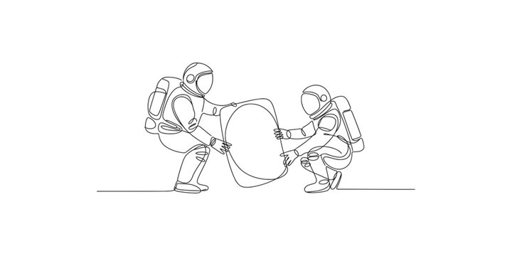 Two astronauts in spacesuits holding a large object together in a line drawing style