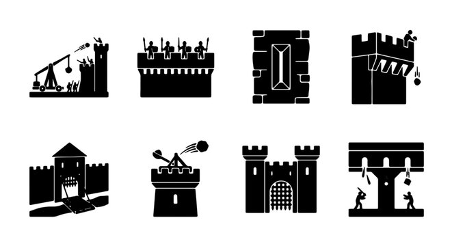 Medieval Castle Icons, Fortress Symbols, Siege Warfare Vector Set, Ancient Fortification Graphics, Historical Building Illustrations