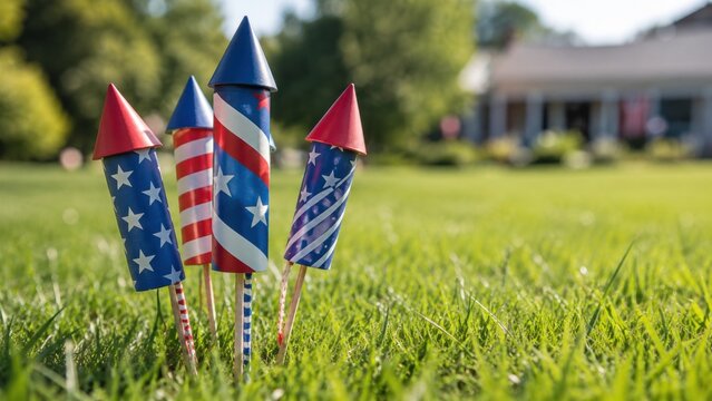 patriotic firework rockets on green grass in a sunny backyard for fourth of july and independence day celebration