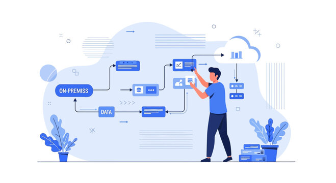 Man working on cloud data flow diagram, business process planning