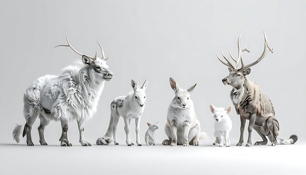 Herd of arctic animals including deer and rabbits covered in snow and ice, diverse species in a winter landscape, natural wildlife representation
