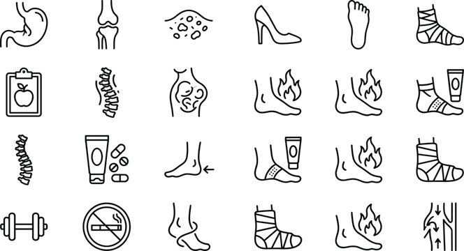 Set of medical line icons for foot health orthopedics joint pain treatment and healthy lifestyle habits