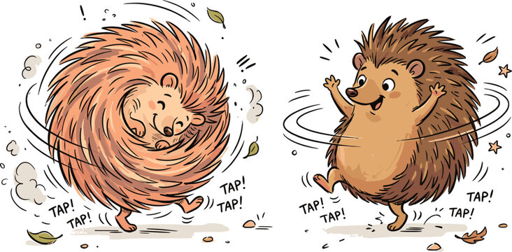 Funny Cartoon Hedgehog Tap Dancing and Spinning in Two Poses with Motion Effects for Kids, Comic, and Fun Animal Illustration Designs