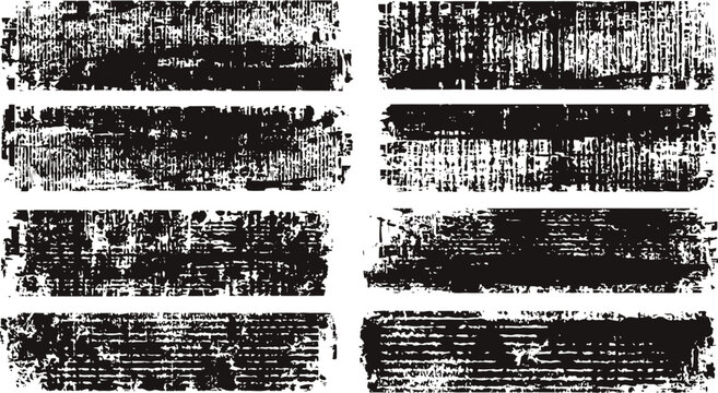 Set of black horizontal grunge textures with distressed, rough, and scratched overlays for vintage and retro design effects