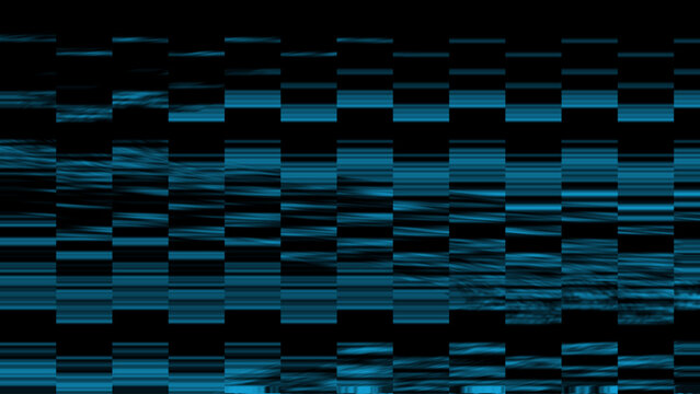 Abstract blue‑black glitch pattern illustration, modern vector design with pixelated digital bands and distorted signal texture