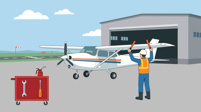 A ground crew member signaling a small propeller airplane for maintenance.