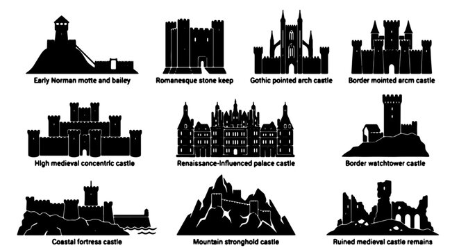Medieval Castle Silhouettes Collection, Gothic Architecture, Fortress Icons, Royal Palace Designs, Historical Fortifications, Early Norman Motte Bailey, Romanesque Stone Keep