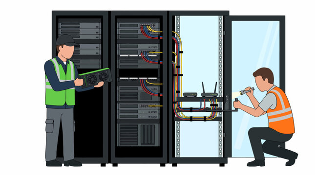 Two technicians working on server rack infrastructure in a data center.