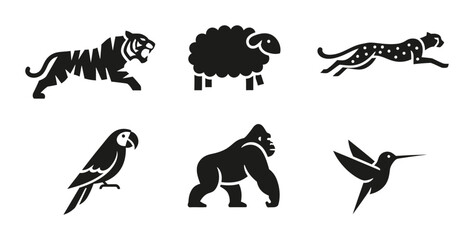 Fototapeta premium Diverse Animal Silhouettes Collection: Tiger, Gorilla, Parrot, Cheetah, Hummingbird, Sheep Icons for Wildlife and Nature Graphics