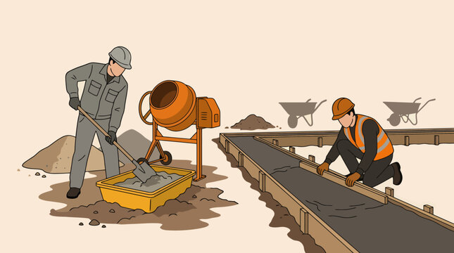 Construction workers pouring and leveling wet concrete foundation at building site.