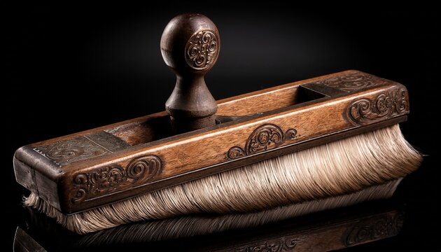 a detailed photograph of a vintage printmaking brayer isolated on a black backdrop