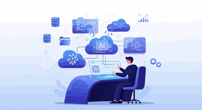 Man utilizing AI cloud computing for data analysis and technology integration