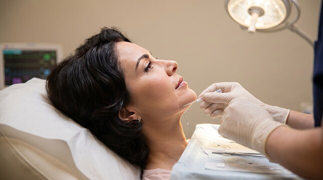 Premium facial aesthetic thread lifting procedure in clinical studio lighting