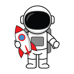 Obraz premium Cute Astronaut Holding a Small Space Rocket Toy Standing Isolated on a Plain White Background