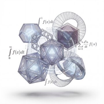 Abstract scientific visualization featuring intricate geometric polyhedra and dynamic mathematical formulas, representing advanced concepts in engineering, theoretical physics, and academic research