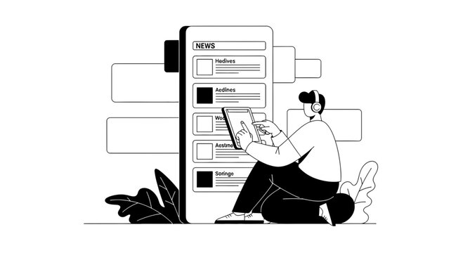 Man with headphones reading news on digital tablet, abstract background