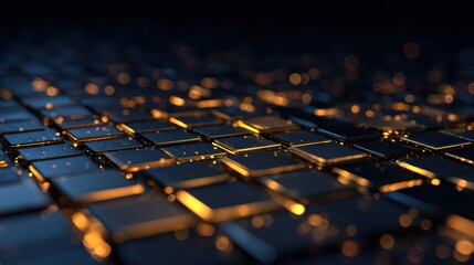 Fototapeta premium Abstract Tech Background with Radiant Gold Squares and Bokeh Lights Representing Data Flow