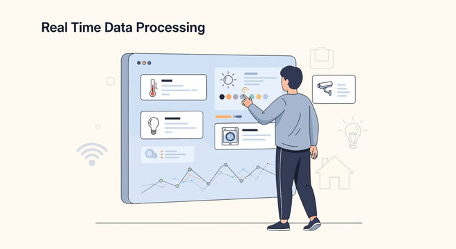 Man Interacting with Real-Time Data Processing Dashboard, Smart Home Concept