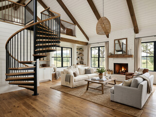 Obraz premium A luxury modern farmhouse living room with a wrought iron and wood spiral staircase, cozy furniture in front of a white brick fireplace, and white shiplap walls and wood beams on the ceiling.