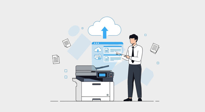 Man uploading documents to cloud via printer, digital transformation concept.
