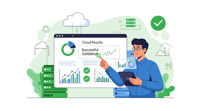 Man interacts with cloud data analytics dashboard with graph charts