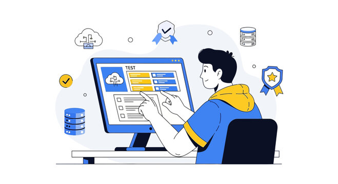 Man uses computer for online testing and data management, cloud and database icons