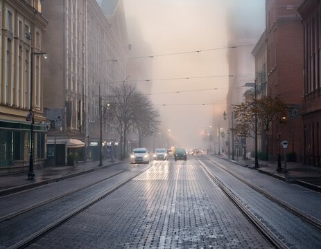 foggy city streetscape with low visibility and atmospheric haze for weather and urban landscape photography